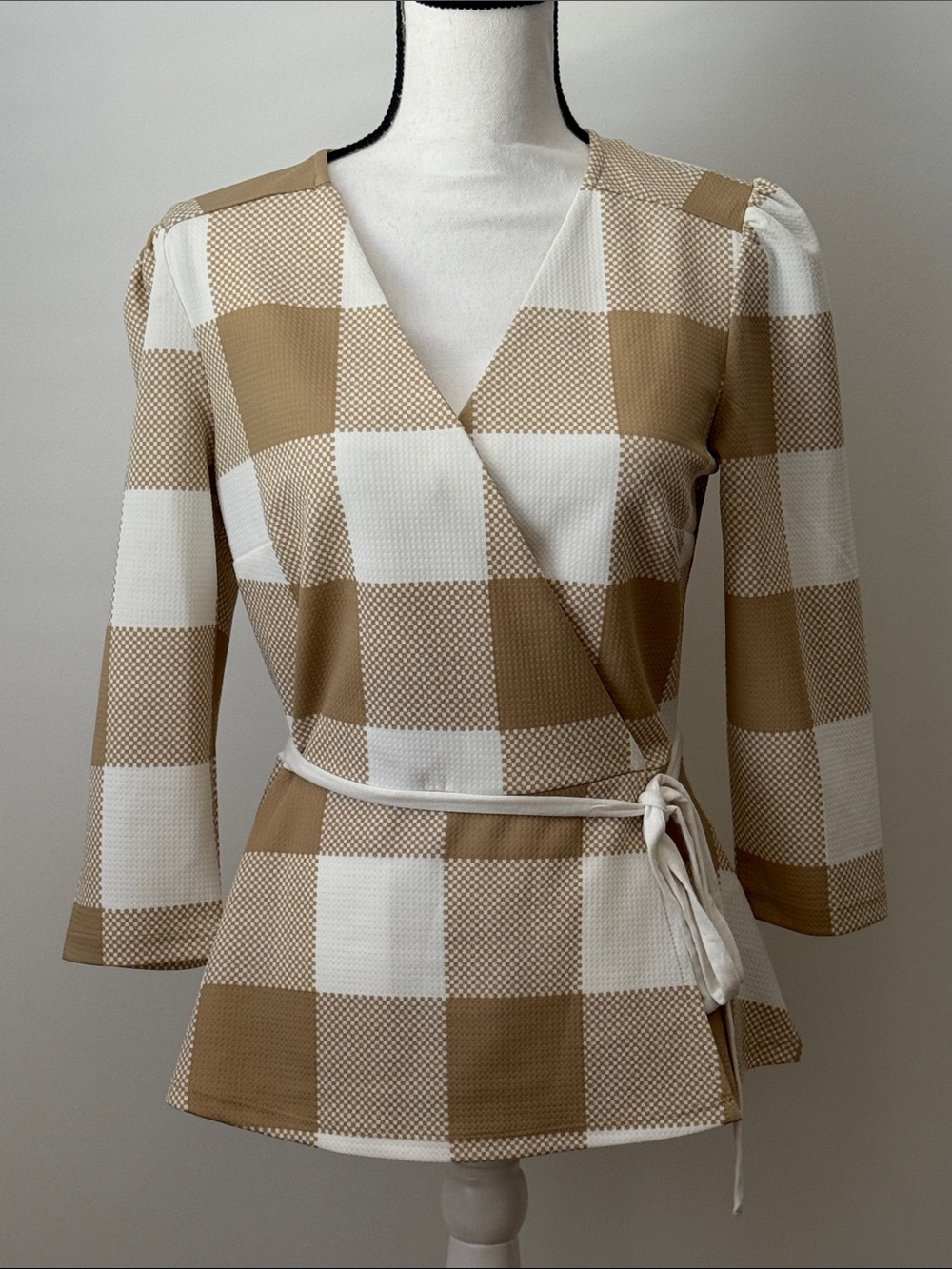 New York & Co Wrap Front Beige & White Check Peplum Top